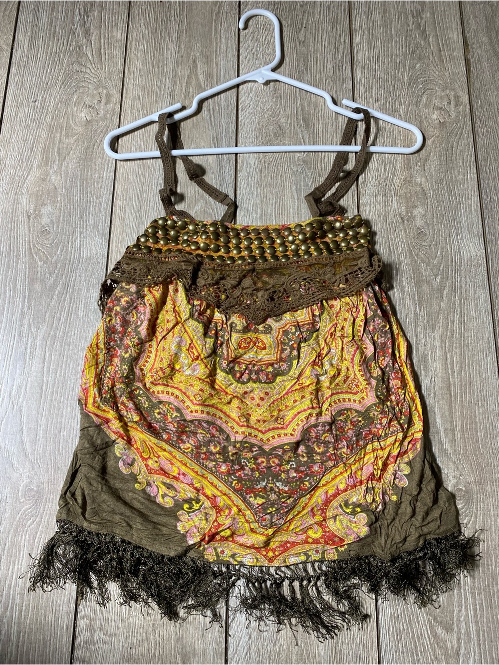 Free People Boho Paisley Beaded Fringe Tank Top Cami Camisole Sz XS